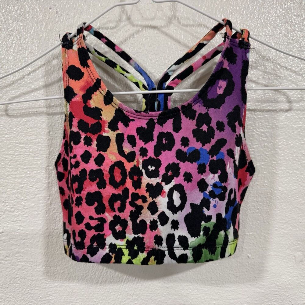 Rainbow Leopard Print Sports Bra Crop Top Criss Cross Back Athletic Neon